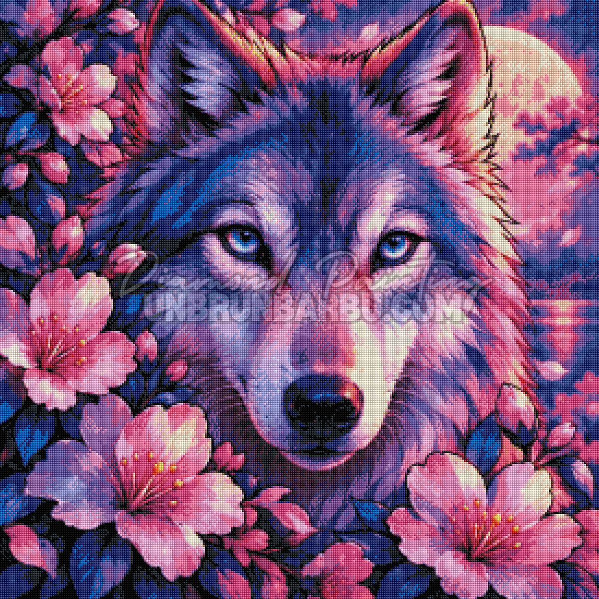 Rendu diamante du Diamond Painting Le Loup aux Fleurs de Lune 70x70 cm avec pelage violet et regard bleu