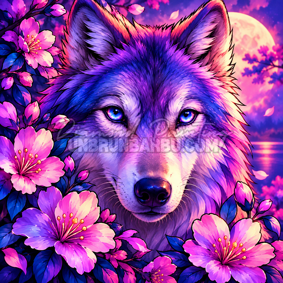 Diamond Painting Le Loup aux Fleurs de Lune 70x70 cm avec yeux turquoise, fleurs roses et pleine lune