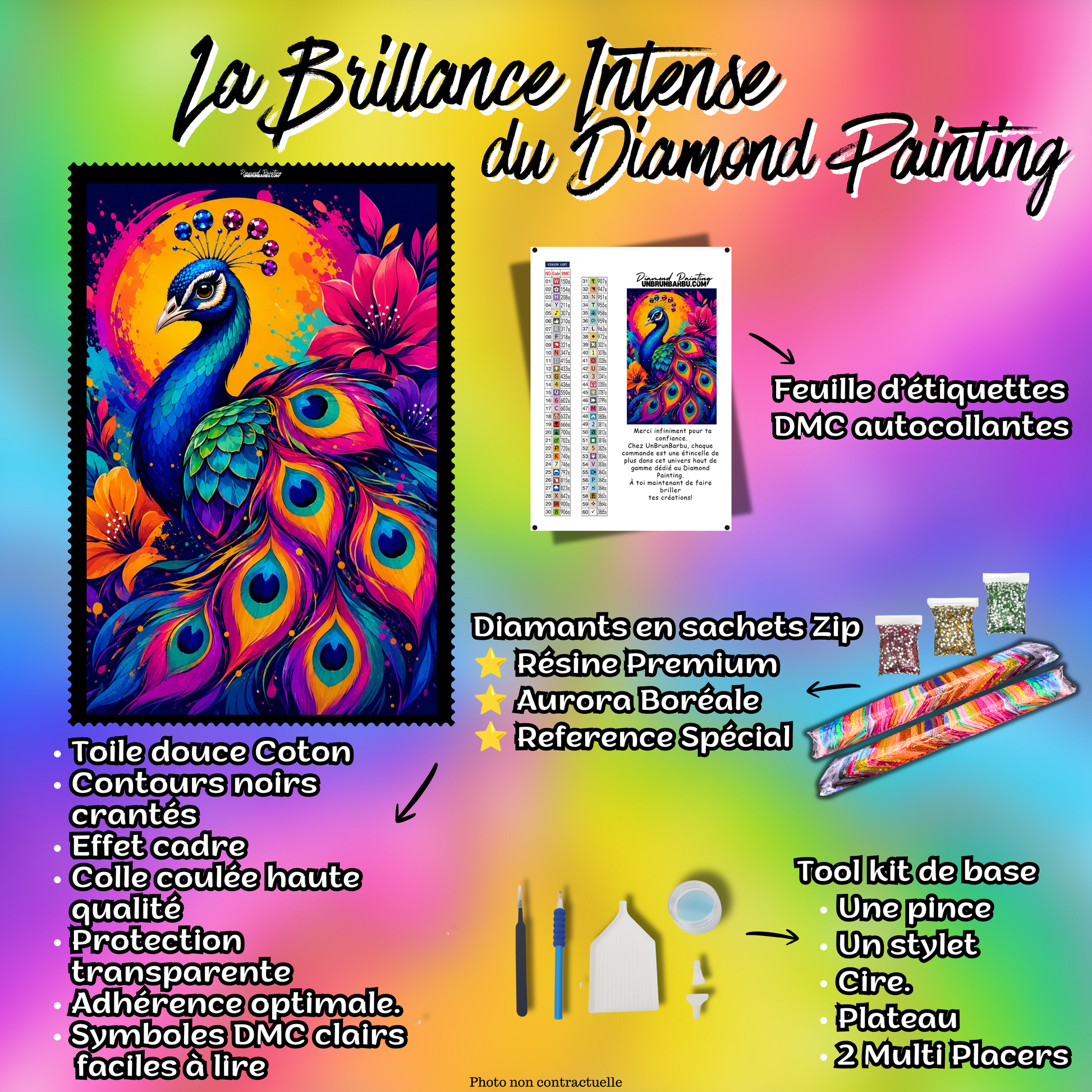 Kit Diamond Painting Premium Le Paon aux Joyaux Colorés avec toile coton, diamants en sachets zip, accessoires et feuille DMC