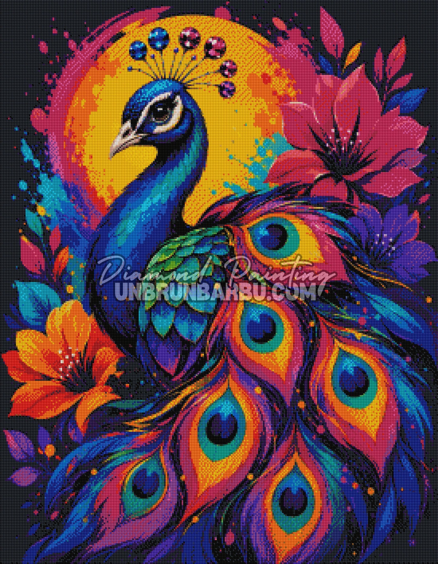 Layout Diamond Painting Le Paon aux Joyaux Colorés mettant en valeur les nombreuses couleurs et les détails des plumes