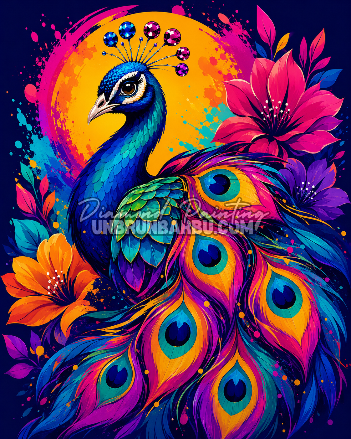 Diamond Painting Le Paon aux Joyaux Colorés 70x90 cm représentant un paon majestueux aux plumes multicolores entouré de fleurs