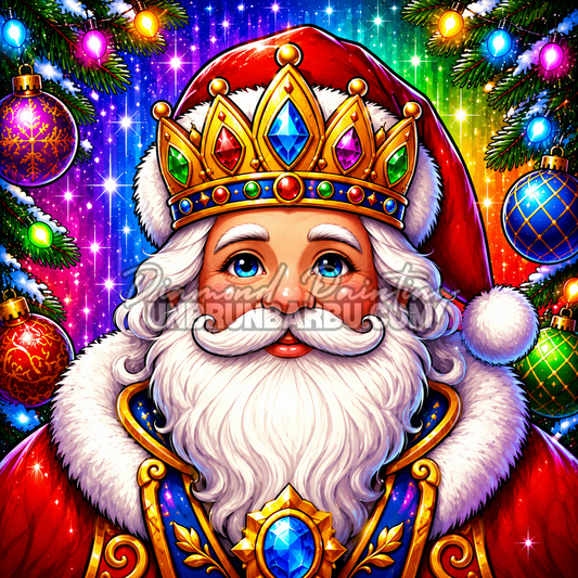 Diamond Painting Le Père Noël Royal 90x90 cm avec couronne dorée, pierres multicolores et décorations lumineuses