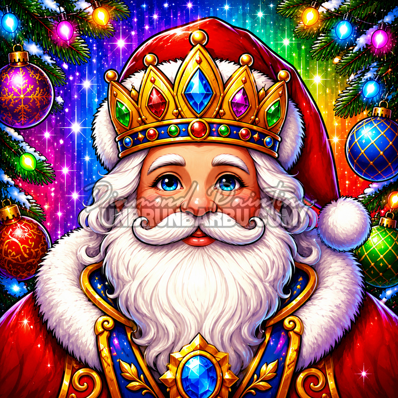 Diamond Painting Le Père Noël Royal 90x90 cm avec couronne dorée, pierres multicolores et décorations lumineuses