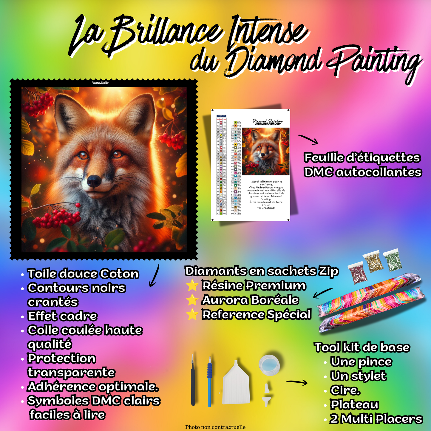 Kit premium Diamond Painting Le Renard des Baies Sauvages avec toile coton, diamants en sachets zip, étiquettes DMC et accessoires