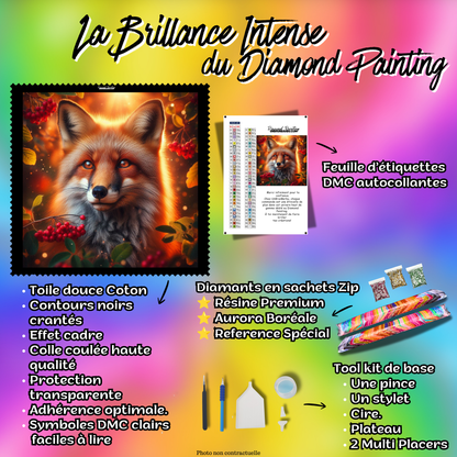 Kit premium Diamond Painting Le Renard des Baies Sauvages avec toile coton, diamants en sachets zip, étiquettes DMC et accessoires