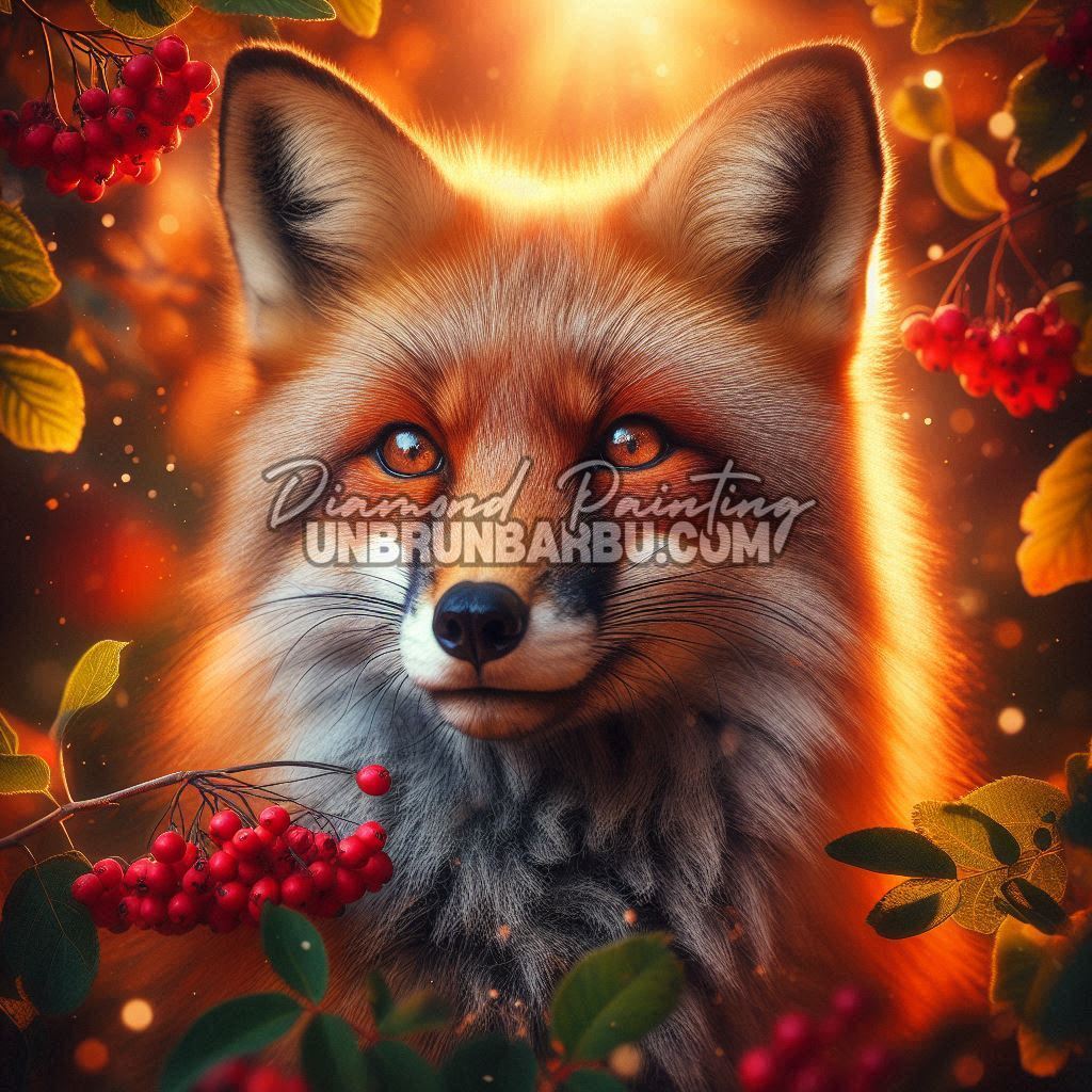 Diamond Painting Le Renard des Baies Sauvages 90x90 cm avec renard roux, baies rouges, feuilles d’automne et lumière dorée