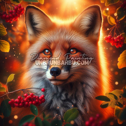Diamond Painting Le Renard des Baies Sauvages 90x90 cm avec renard roux, baies rouges, feuilles d’automne et lumière dorée