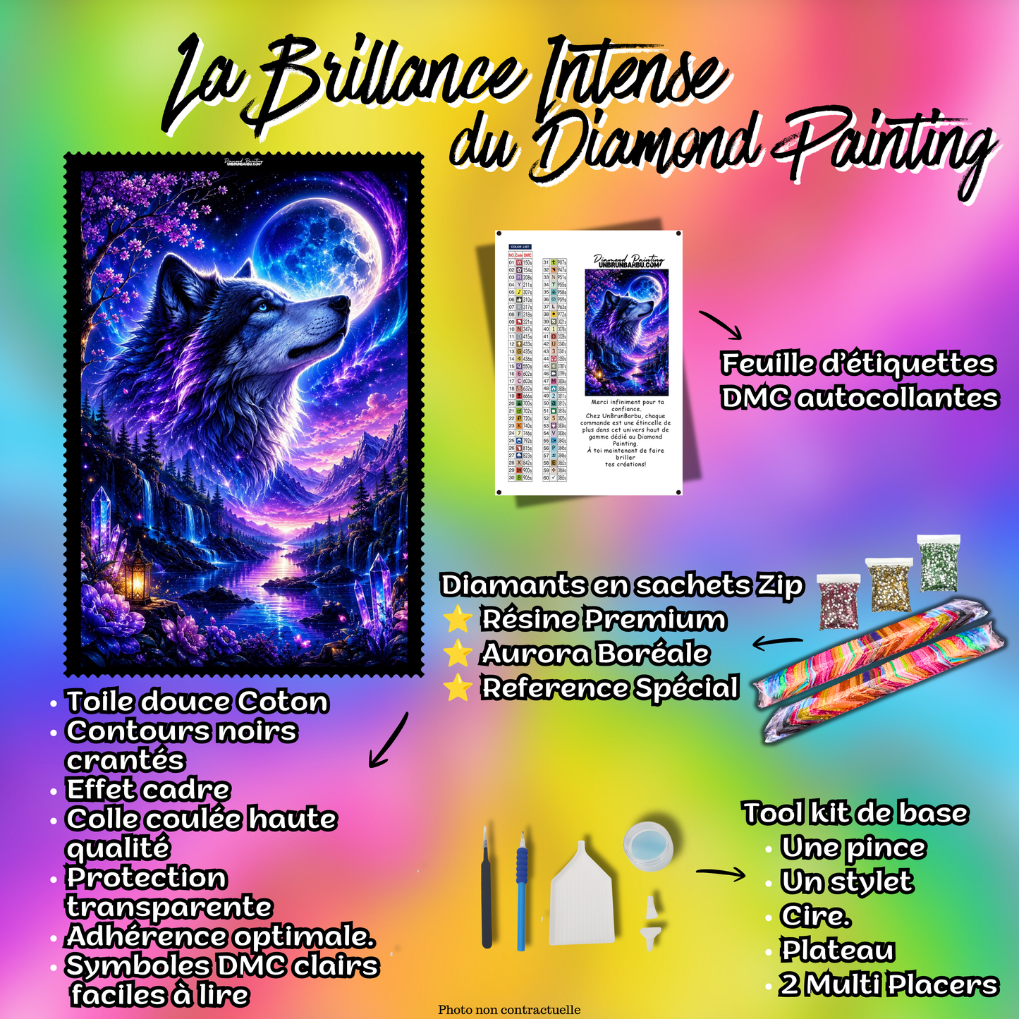 Kit Diamond Painting Premium Le Royaume du Loup avec toile coton, diamants en sachets zip, accessoires et feuille DMC
