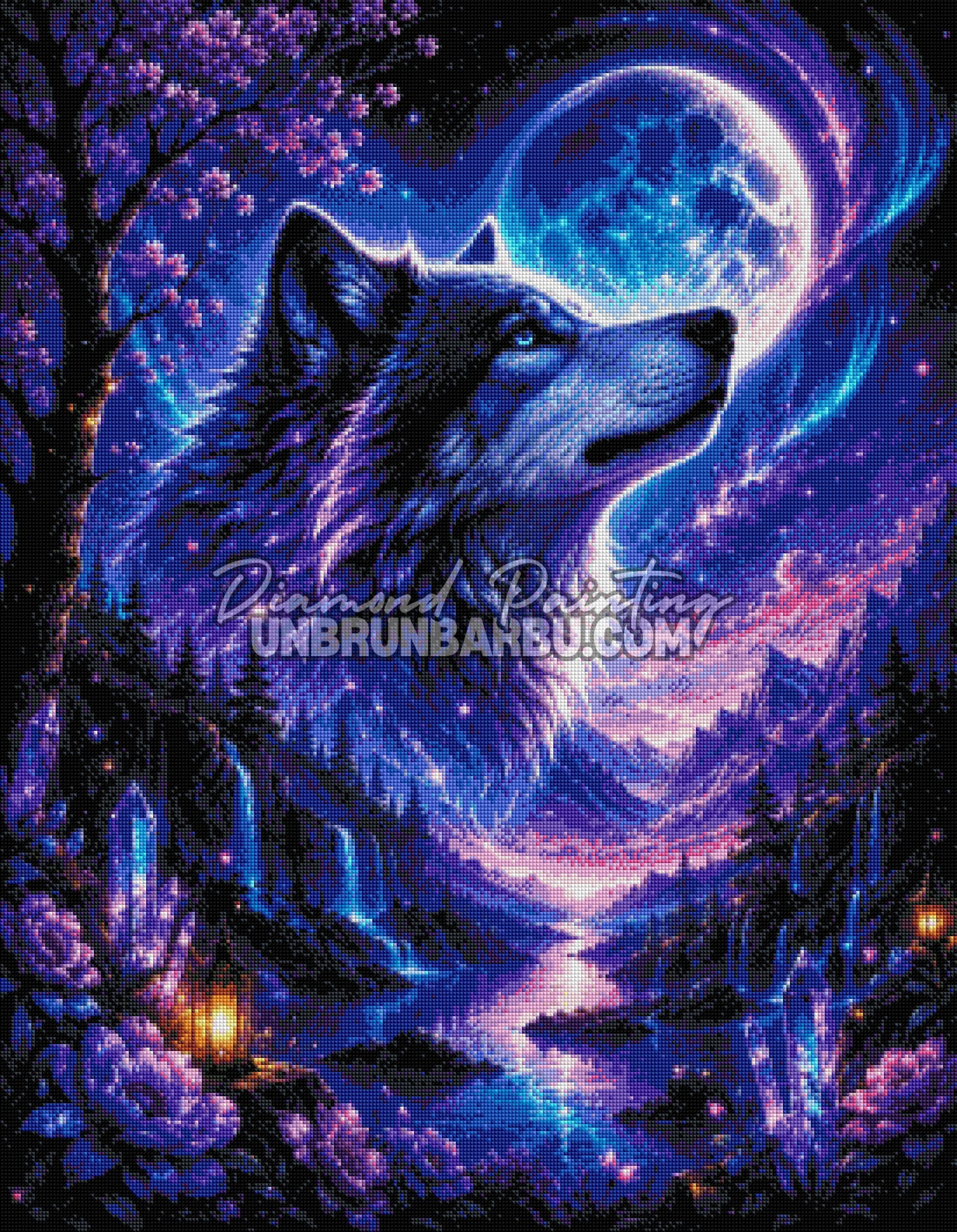 Layout Diamond Painting Le Royaume du Loup mettant en valeur les détails du loup, de la lune et du paysage féerique