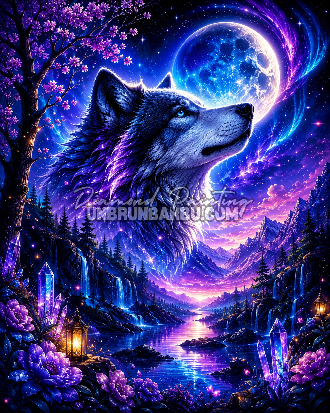 Diamond Painting Le Royaume du Loup 70x90 cm représentant un loup majestueux sous une pleine lune dans un paysage fantastique