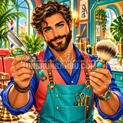 Diamond Painting Le Savoir Faire du Barbier 100x100 cm avec rasoir droit, blaireau et salon colore