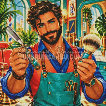 Rendu diamante du Diamond Painting Le Savoir Faire du Barbier 100x100 cm avec rasoir et tablier turquoise