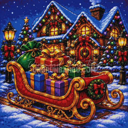 Rendu diamanté du Diamond Painting Le Traîneau du Père Noël 120x120 cm avec cadeaux et chalet de Noël