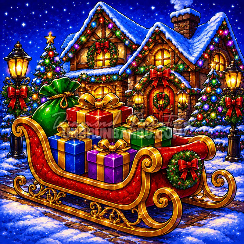 Diamond Painting Le Traîneau du Père Noël 120x120 cm avec traîneau rouge, cadeaux et chalet enneigé illuminé