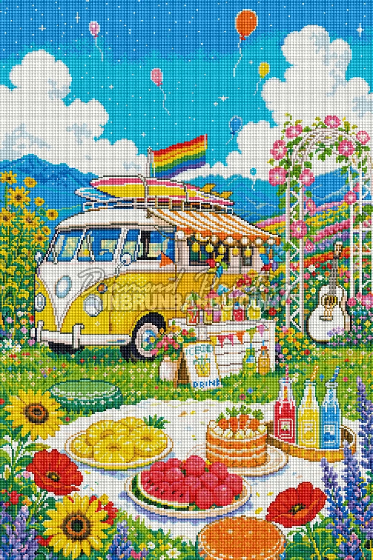 Rendu diamanté du Diamond Painting Le Van des Beaux Jours 60x90 cm avec van jaune et pique-nique estival