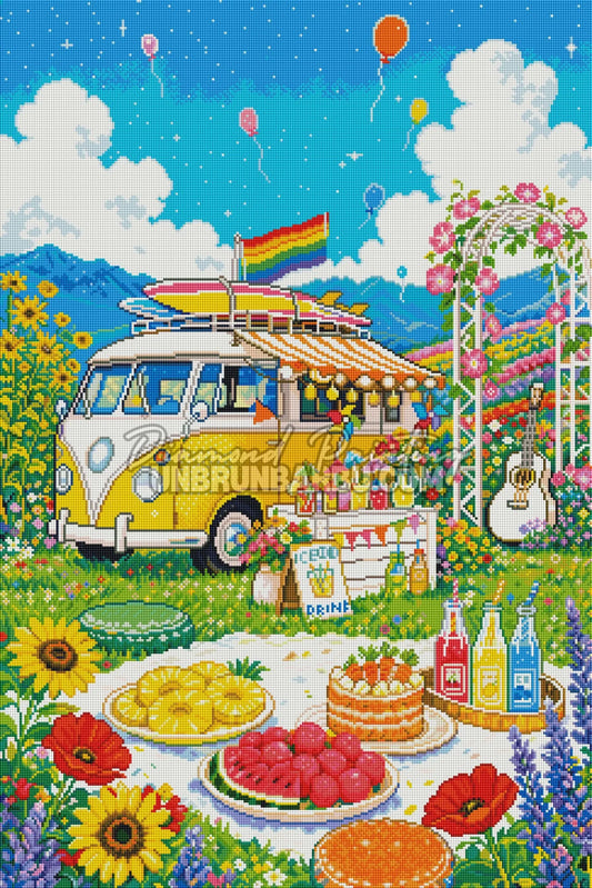 Rendu diamanté du Diamond Painting Le Van des Beaux Jours 60x90 cm avec van jaune et pique-nique estival