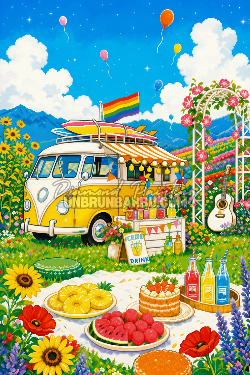 Diamond Painting Le Van des Beaux Jours 60x90 cm avec van rétro jaune, pique-nique et champs fleuris