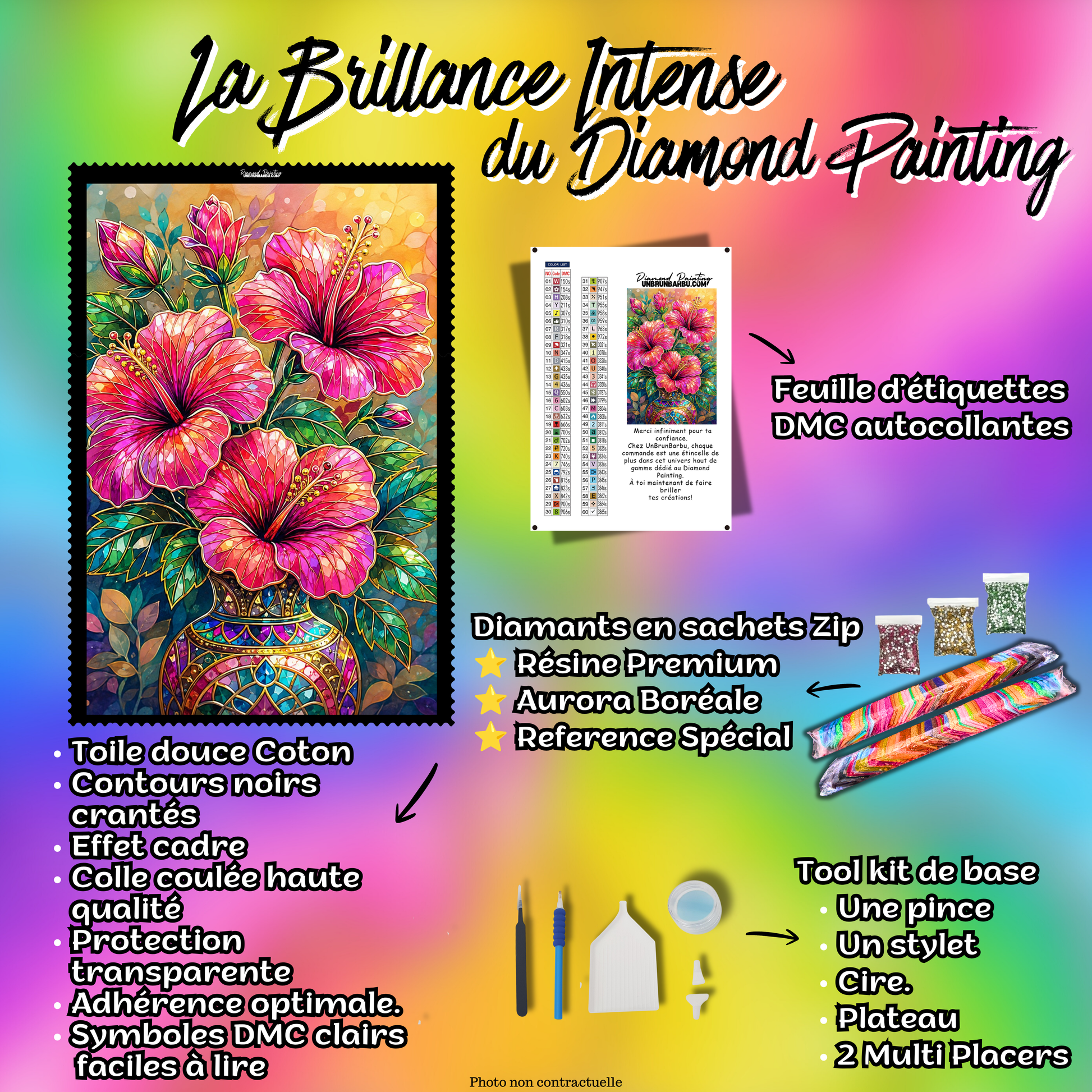 Kit Diamond Painting Premium Le Vase aux Hibiscus avec toile coton, diamants en sachets zip, accessoires et feuille DMC