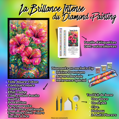 Kit Diamond Painting Premium Le Vase aux Hibiscus avec toile coton, diamants en sachets zip, accessoires et feuille DMC