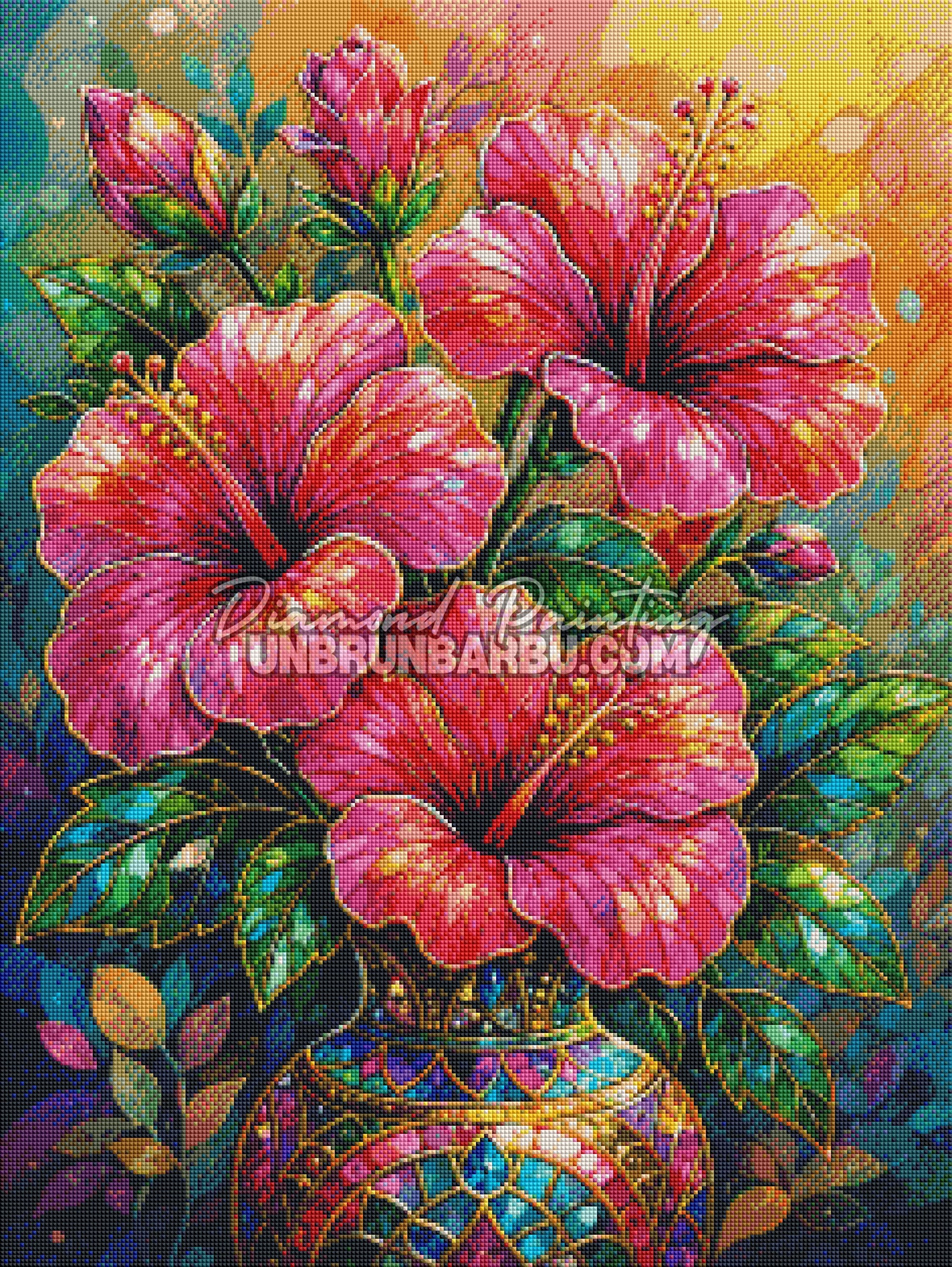 Layout Diamond Painting Le Vase aux Hibiscus mettant en valeur les détails floraux et les nombreuses nuances de couleurs