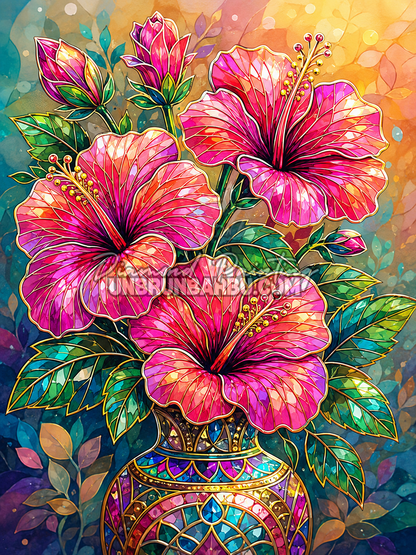 Diamond Painting Le Vase aux Hibiscus 60x80 cm représentant un bouquet d’hibiscus roses dans un vase décoratif coloré