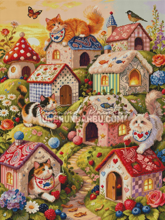 Rendu diamanté du Diamond Painting Le Village des Chats 75x100 cm avec chats et maisons colorées