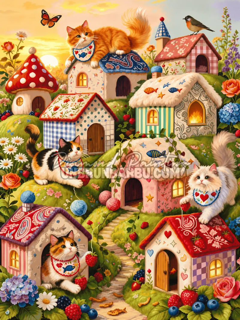 Diamond Painting Le Village des Chats 75x100 cm avec chats, maisons fantaisie, fleurs et fruits rouges