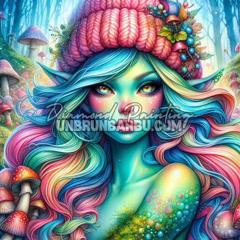 Diamond Painting L’Elfe de la Forêt Magique 90x90 cm représentant une elfe aux cheveux pastel dans une forêt enchantée