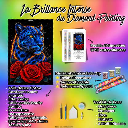 Kit premium Diamond Painting Léopard des Roses avec toile coton, diamants en sachets zip, étiquettes DMC et accessoires