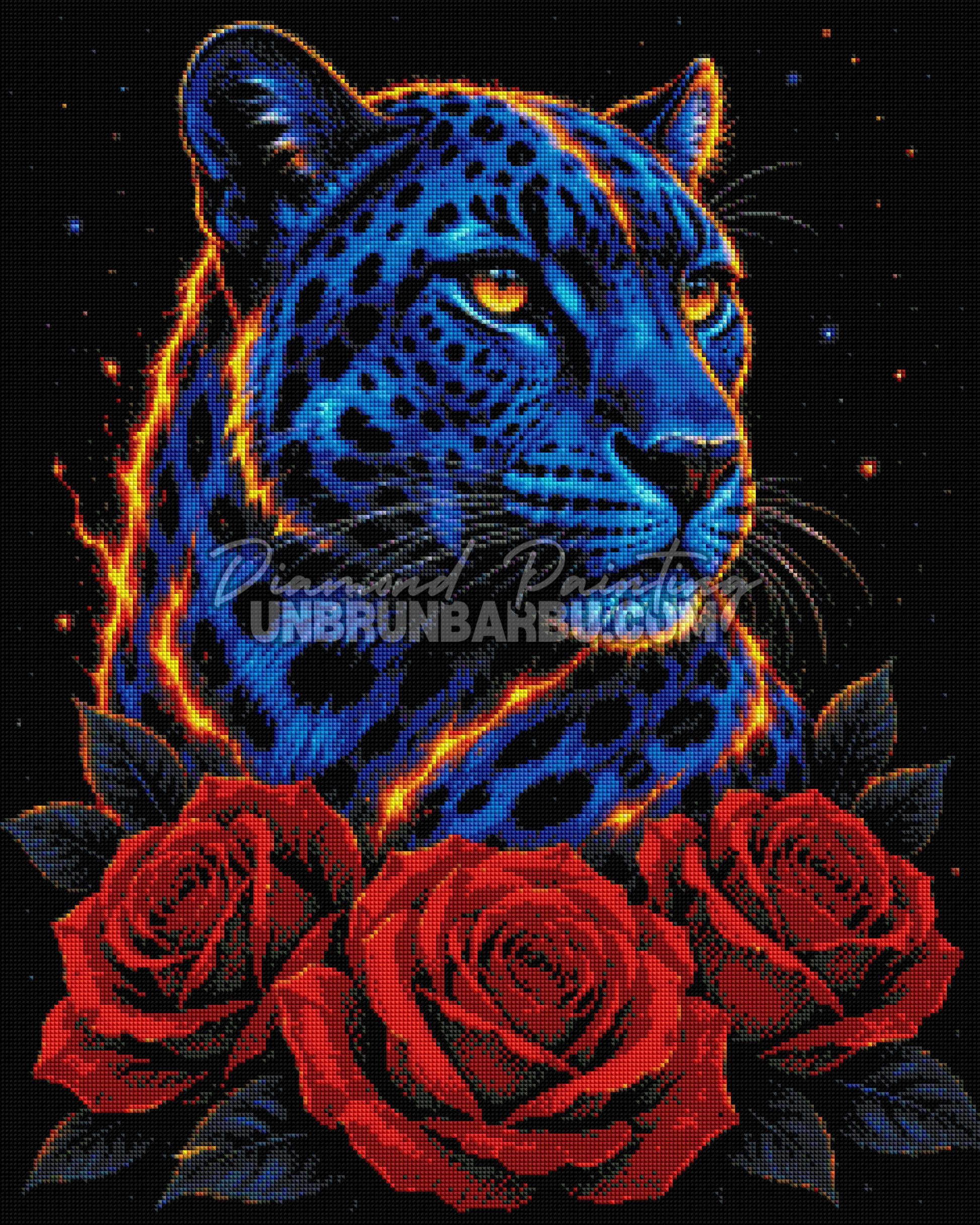 Layout Diamond Painting Léopard des Roses 60x75 cm avec aperçu diamanté du léopard bleu et des roses rouges