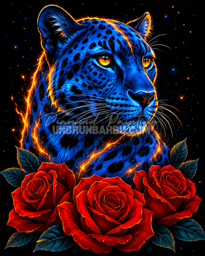 Diamond Painting Léopard des Roses 60x75 cm avec léopard bleu, yeux dorés, roses rouges et fond noir lumineux