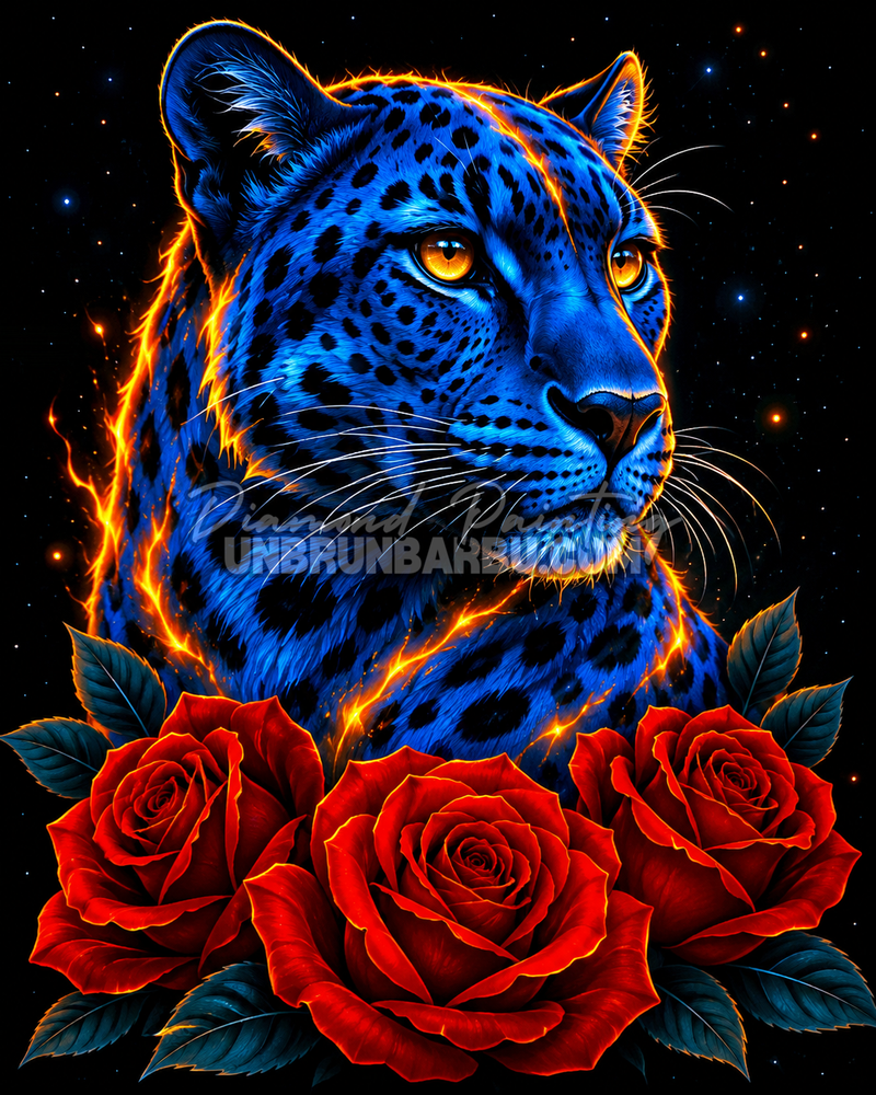 Diamond Painting Léopard des Roses 60x75 cm avec léopard bleu, yeux dorés, roses rouges et fond noir lumineux