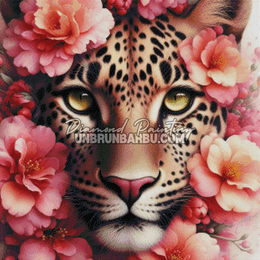 rendu diamond painting leopard floral detail diamants couleurs