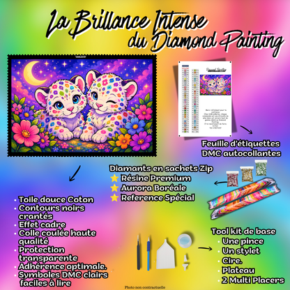 Kit complet Diamond Painting Léopardeaux aux Taches Magiques 100x70 cm avec toile coton, diamants et accessoires
