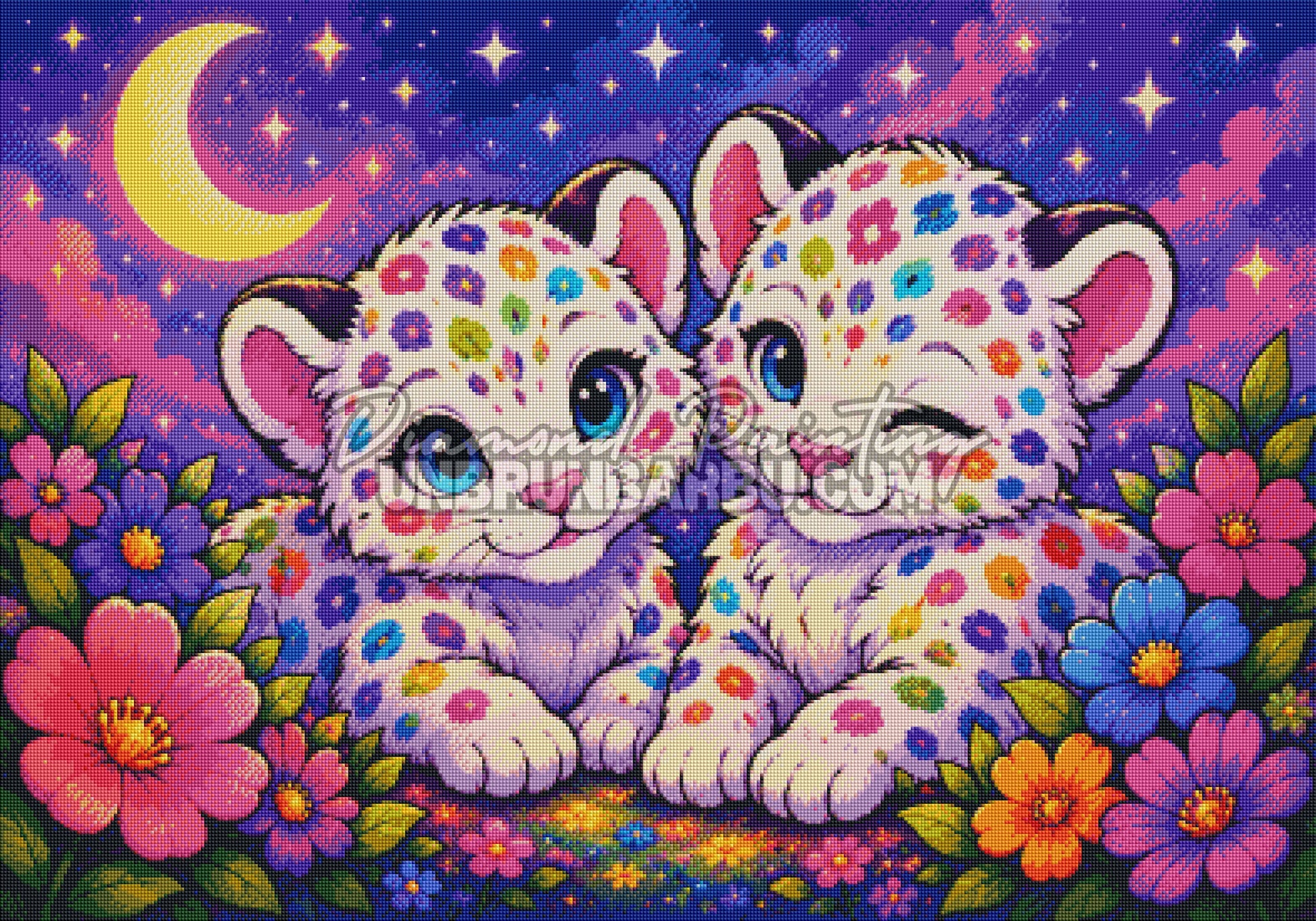 Rendu diamanté du Diamond Painting Léopardeaux aux Taches Magiques avec ciel violet étoilé et fleurs colorées