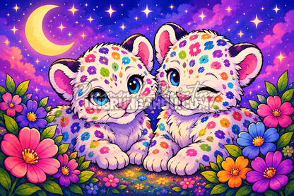 Diamond Painting Léopardeaux aux Taches Magiques 100x70 cm avec deux bébés léopards colorés sous la lune