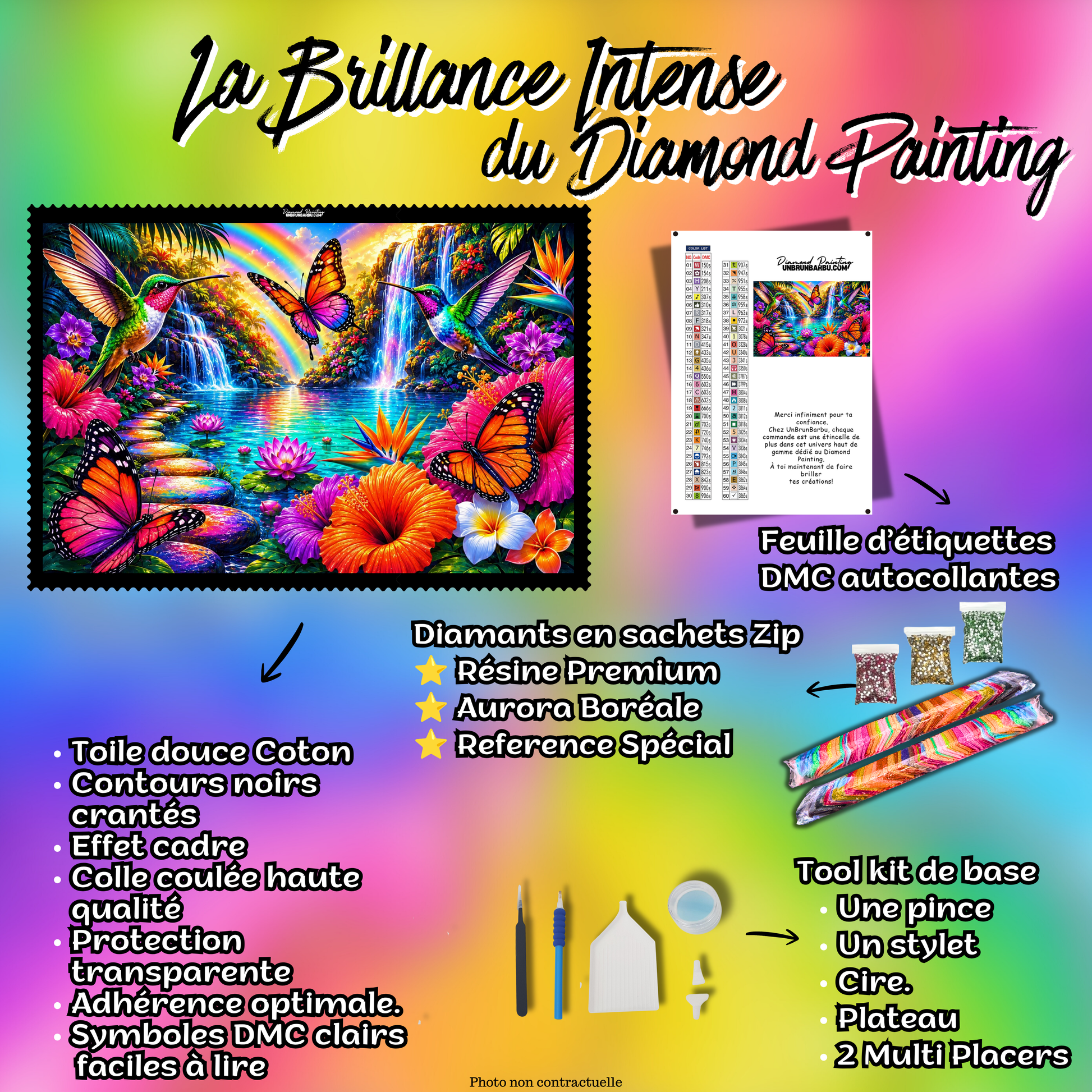 Kit premium Diamond Painting Les Cascades du Paradis avec toile coton, diamants en sachets zip, étiquettes DMC et accessoires