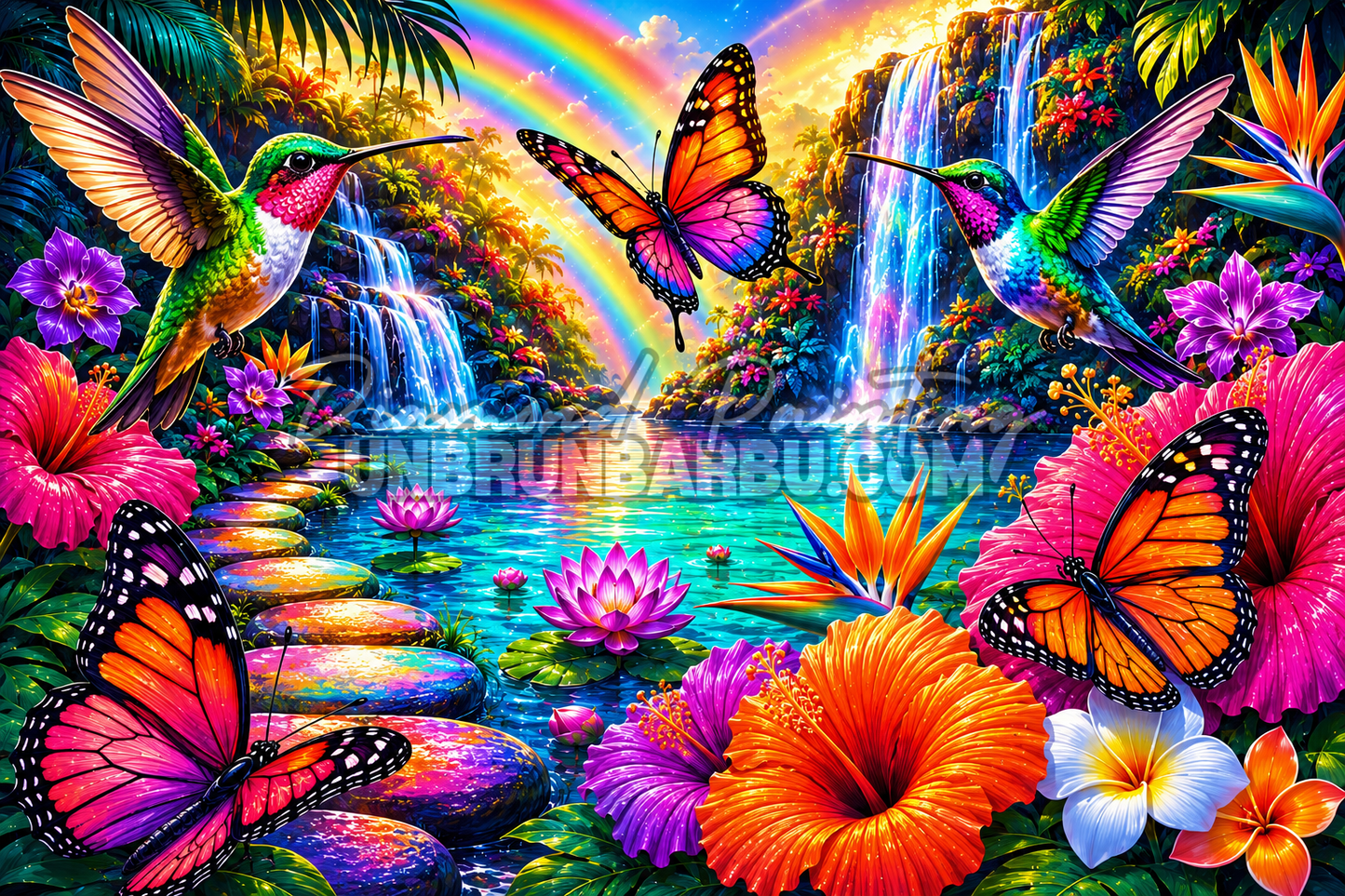 Diamond Painting Les Cascades du Paradis 130x90 cm avec cascades tropicales, colibris, papillons, fleurs exotiques et arc-en-ciel
