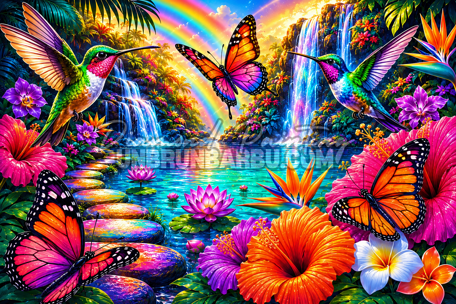 Diamond Painting Les Cascades du Paradis 130x90 cm avec cascades tropicales, colibris, papillons, fleurs exotiques et arc-en-ciel
