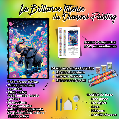 Kit premium Diamond Painting Les Éléphants de Lumière avec toile coton, diamants en sachets zip, étiquettes DMC et accessoires