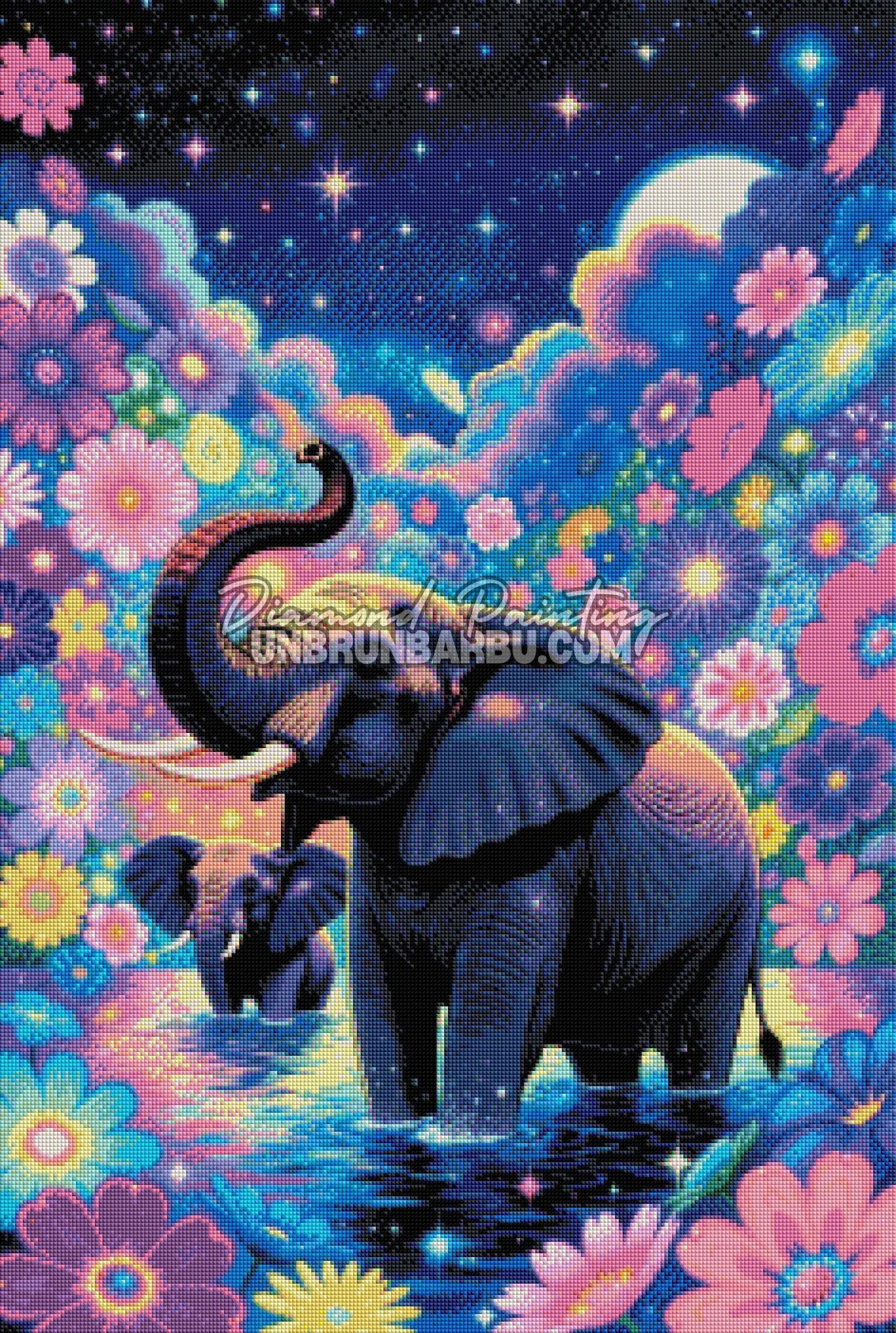 Layout Diamond Painting Les Éléphants de Lumière 60x90 cm avec aperçu diamanté des éléphants, fleurs lumineuses et ciel nocturne