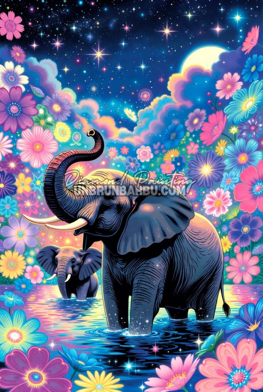 Diamond Painting Les Éléphants de Lumière 60x90 cm avec deux éléphants dans l’eau, fleurs pastel, lune et ciel étoilé