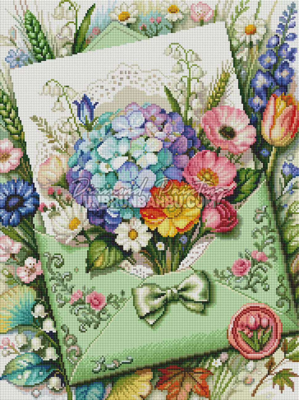 Rendu diamanté du Diamond Painting Les Fleurs de la Lettre 45x60 cm avec enveloppe verte et bouquet multicolore