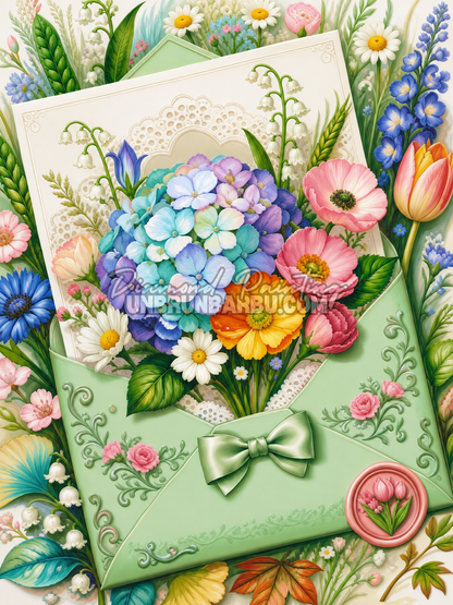 Diamond Painting Les Fleurs de la Lettre 45x60 cm avec enveloppe verte, hortensias, tulipes et bouquet printanier