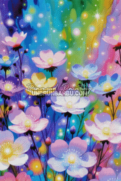 Layout Diamond Painting Les Fleurs Magiques mettant en valeur les nombreuses nuances pastel et les détails lumineux