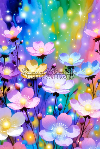 Diamond Painting Les Fleurs Magiques 60x90 cm représentant un champ de fleurs lumineuses sous un ciel féerique multicolore