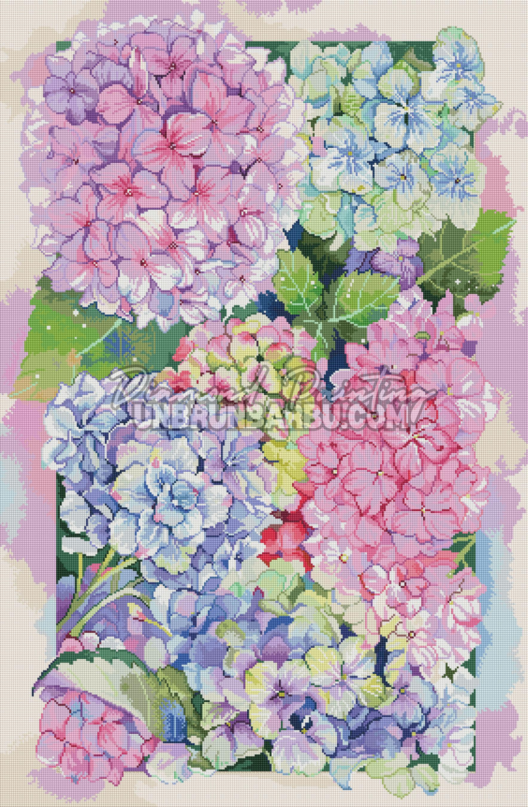 Rendu diamante du Diamond Painting Les Hortensias de Douceur 50x76 cm avec bouquet floral aux tons pastel