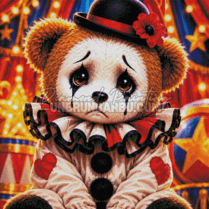 Rendu diamante du Diamond Painting Les Larmes du Petit Clown 70x70 cm avec yeux ambres et collerette rouge