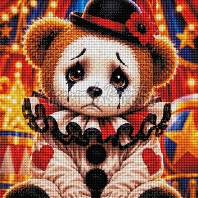 Rendu diamante du Diamond Painting Les Larmes du Petit Clown 70x70 cm avec yeux ambres et collerette rouge
