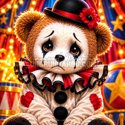 Diamond Painting Les Larmes du Petit Clown 70x70 cm avec ourson clown, larmes noires et cirque lumineux